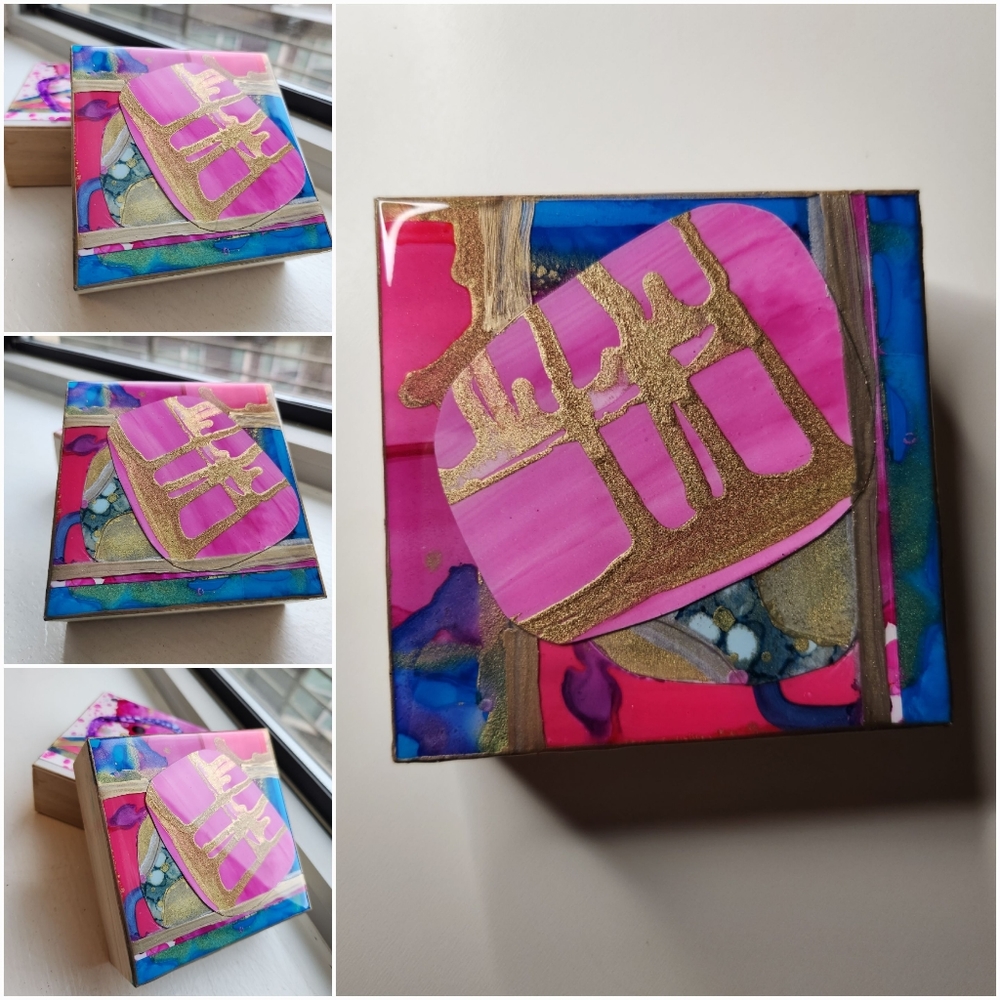 SOLD Abstract Resin Collage Art Pinks, Blues, Silver, Gold 4x4x1⅝" Cradled Wood